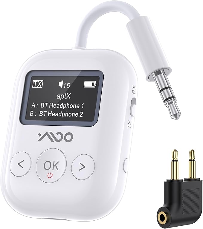 YMOO Bluetooth 5.4 Transmitter Receiver for Airplane, Wireless Bluetooth Adapter Travel Essentials, Supports to 2 Headphones, 25H Playtime, 2-in-1 Adapter with LED Display for TVs Gym Home,White