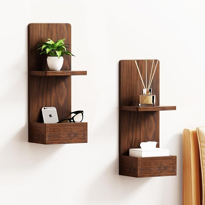 2-Tier Walnut Floating Wall Shelf, Bedroom Storage - Image 5