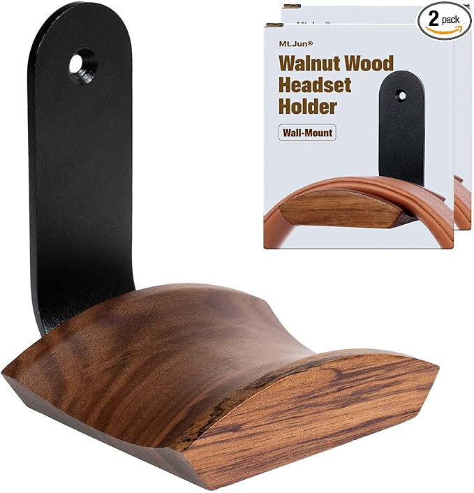 Mt.Jun Wood Headphone Wall Mount Holder, with VHB Adhesive Tape and Screw, Holds 10 lbs (Black & Walnut Wood, 2 Pack)