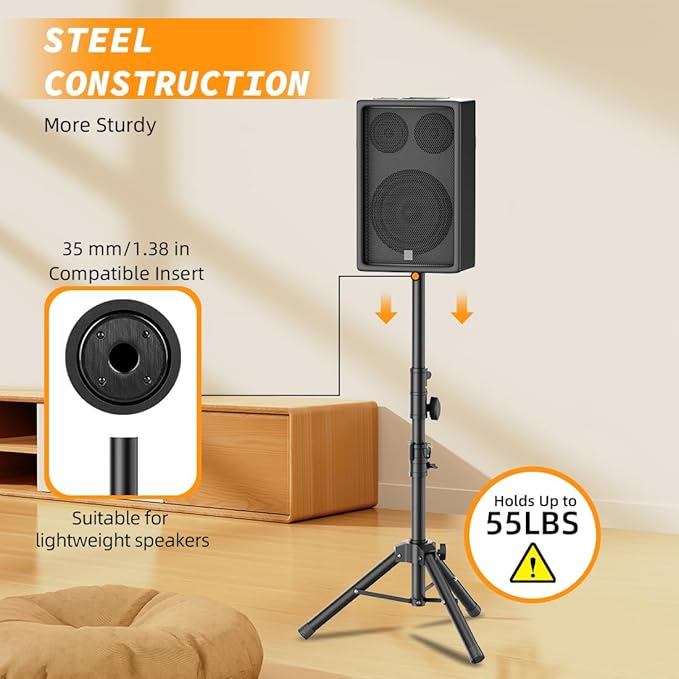 Small Speaker Stands, Lightweight 35mm Compatible Insert, Adjustable Height from 24-50 Inch Speaker Tripod Stand Support 55 LB with Storage Bag