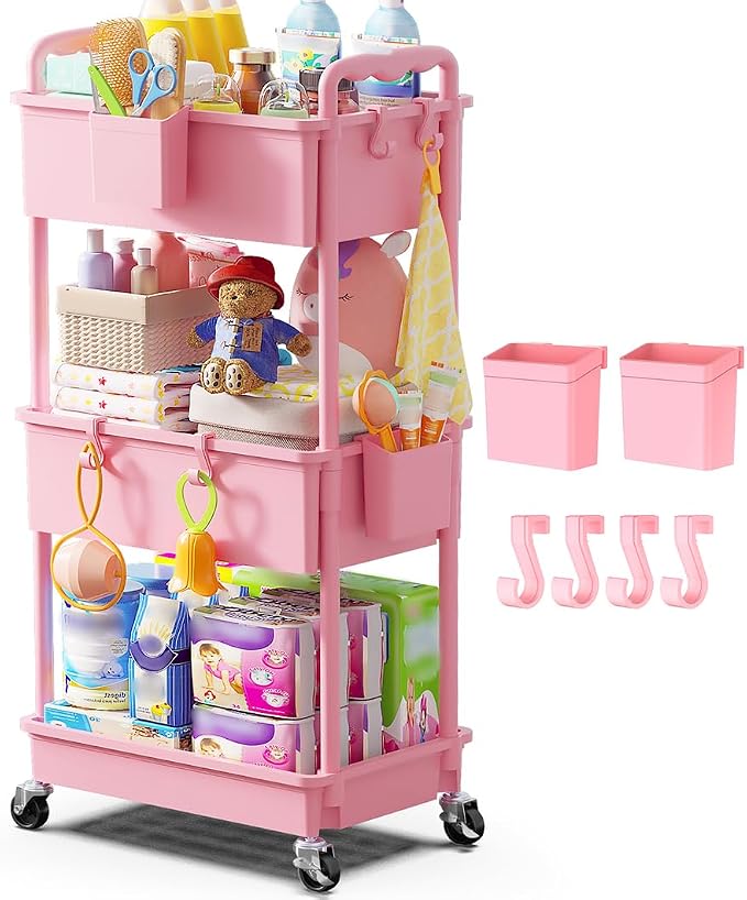 Goovilla Diaper Cart with Lockable Wheels and Easy Assembly, 3 Tier Pink | by Goovilla