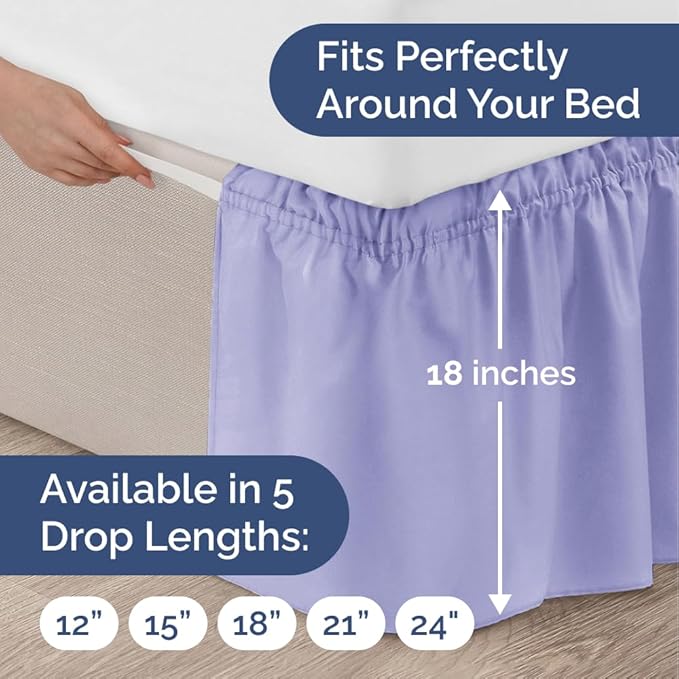 Wrap Around Dust Ruffle Bed Skirt - Lavender - for Queen Size Beds with 18 Inch Drop - Elastic Strap - Adjustable Pleated Bedskirt with Brushed Fabric and Wrinkle Free - for Women, Men, Kids & Teens