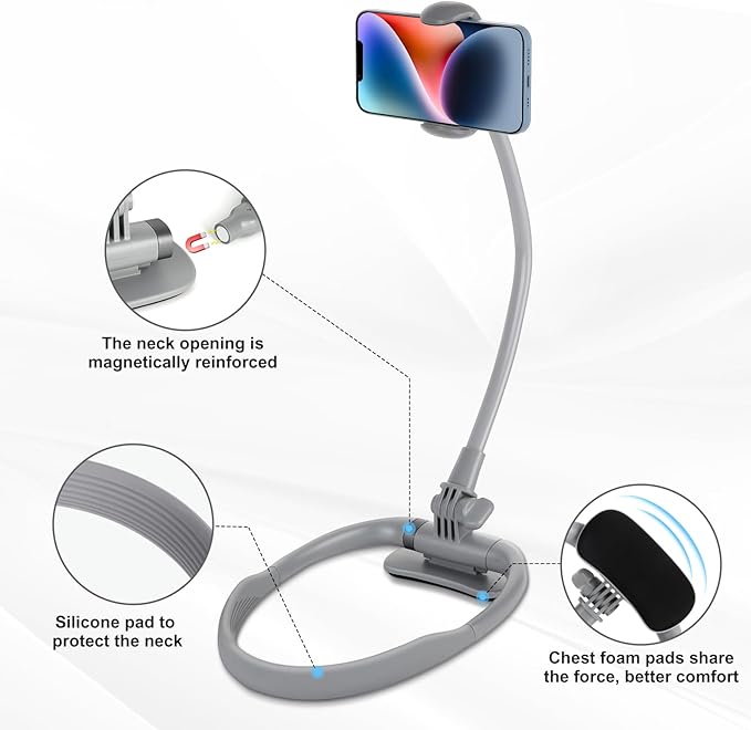 LOVFIVE Cell Phone Stand, Neck Cell Phone Holder for Bed, Hand Free POV/Vlog Selfie Phone Neck Holder for Recording, Universal Multi-Functional Flexible Phone Stand for 4.7''-6.7'' Phone