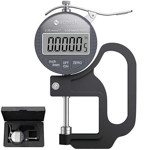 Neoteck Digital Thickness Gauge 1inch/25.4mm,0.00005inch/0.001mm LCD Display with Inch/MM Conversion One-Hand Quick Press Thickness Measuring Tool for Leather Paper Fabric Film etc.-Silver-Grey