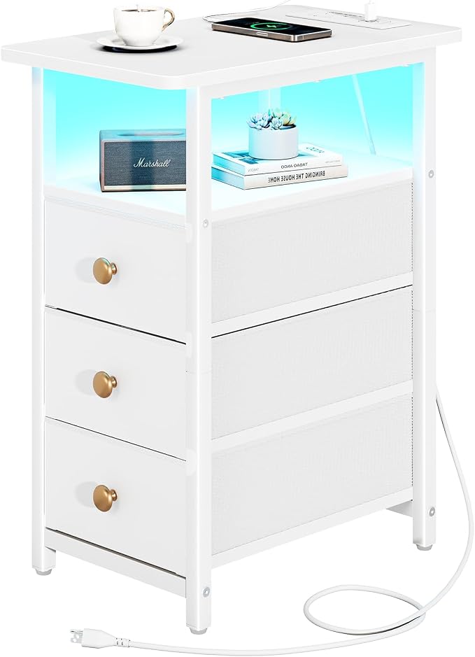 Yoobure End Table with Charging Station, LED Narrow Side Table Bedside Table by Yoobure