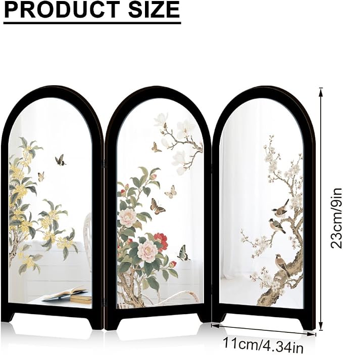 Mini Folding Screen, 3 Panel Divider, Chinese Style Vintage Desktop Mirror - Image 2