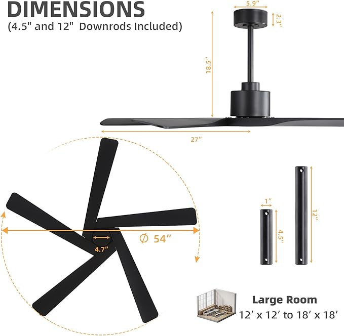 WINGBO 54" ABS DC Ceiling Fan No Light, 5 Blade ABS Plastic Ceiling Fan with Remote, 6-Speed Reversible DC Motor, Ceiling Fans without Light for Kitchen Bedroom Living Room, Matte Black