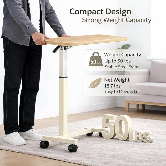 Adjustable Overbed Table with Wheels, Pneumatic Height Lift Rolling Bedside - Image 3