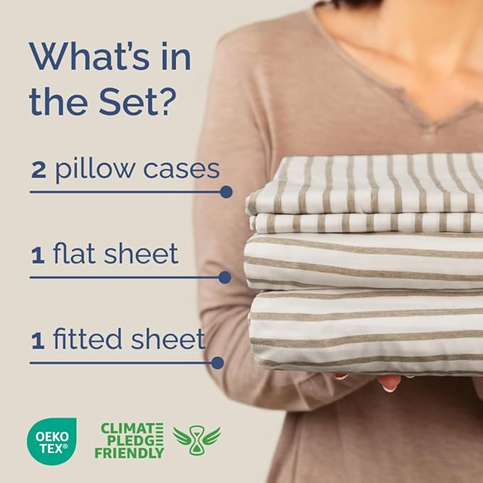 Full XL Bed Sheet Set - 4 Piece Extra Long Extended Full XL Sheets - Soft, Breathable & Cooling - Fits 8" to 16" Mattress with Deep Pockets - 54" x 80" - Wrinkle and Fade Resistant - Beige Stripes 2