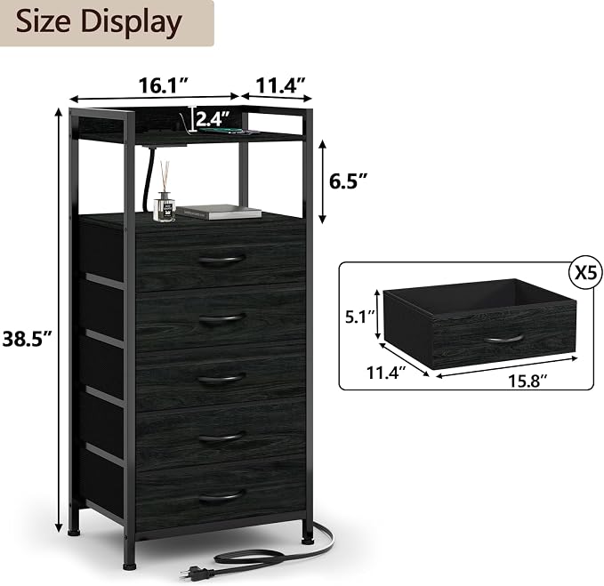 Nightstand with Charging Station, 5 Drawers Dresser - Image 3