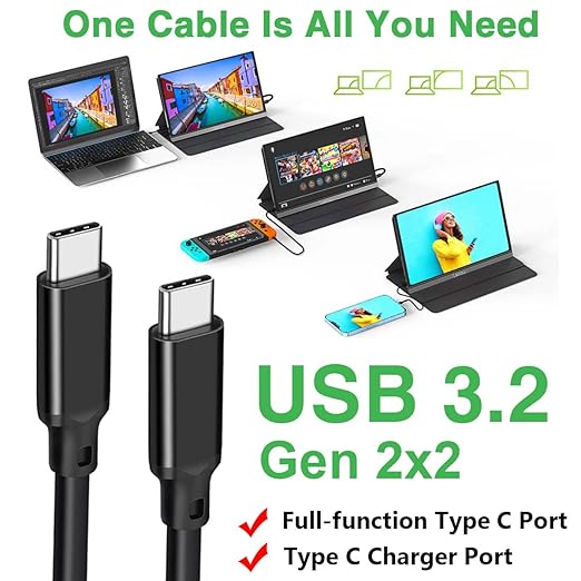 240W USB 3.2 Gen 2X2 Display Monitor Link Data Transfer Video Cable for Lepow Z1 15.6 In, InnoView, ASUS ZenScreen, KYY, Cocopar, Arzopa, AOC, ViewSonic Portable Monitor HDR Outputt Charger Power Cord