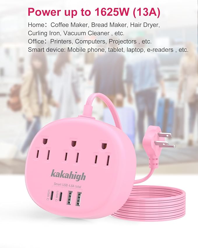 Pink Extension Cord - 10 FT Flat Extension Cord, 1625W Cute Extension Cord with 3 AC Outlet 4 USB (24W/4.8A), Compact for Cute Pink Kawaii Desk Home Essentials