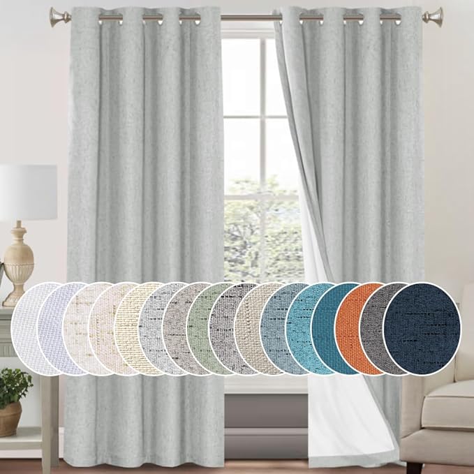 PrinceDeco 100% Blackout Linen Curtains for Bedroom Faux Linen Fabric Extra Long Curtains 96 Inches Long Room Darkening Sun Blocking Curtain with White Liner Backing,52 X 96In,Glacier Grey