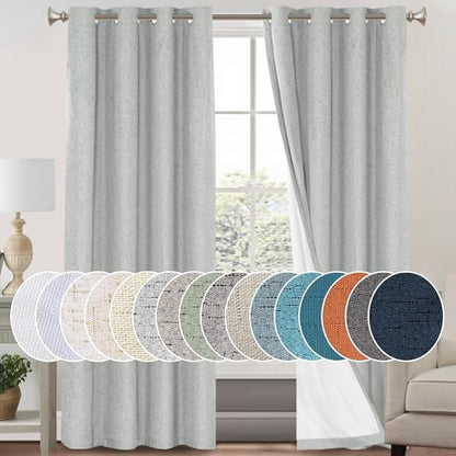 PrinceDeco 100% Blackout Linen Curtains for Bedroom Faux Linen Fabric Extra Long Curtains 96 Inches Long Room Darkening Sun Blocking Curtain with White Liner Backing,52 X 96In,Glacier Grey