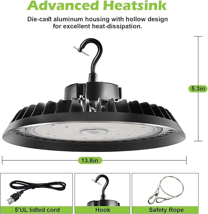 BFT UFO LED High Bay Light 200W 5000K High Bay LED Shop Lights 30000LM 1-10V Dimmable ETL Listed with US Plug led UFO high Bay for Warehouse Lights Commercial Bay Lighting 3PACK