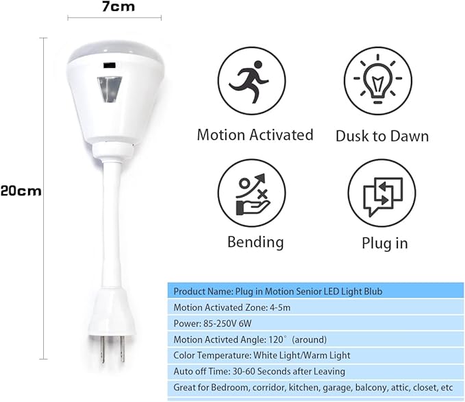 Plug-in Motion Sensor Night Light, LED Infrared Sensor 6W Light, AC 85-265V PIR Motion Detector Bulb (Warm Light, US Plug)