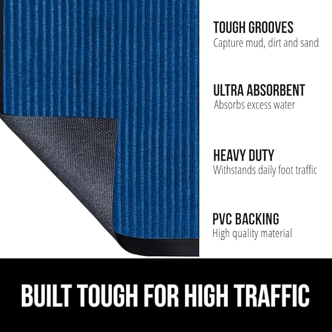 GORILLA GRIP Waterproof Traffic Guard Door Mat, 60x36, Heavy Duty Entryway Mats, Strong Rubber Back Commercial Utility Rugs for Office Hallway, Garage Floor and Home, Low Profile Carpet Runner, Blue