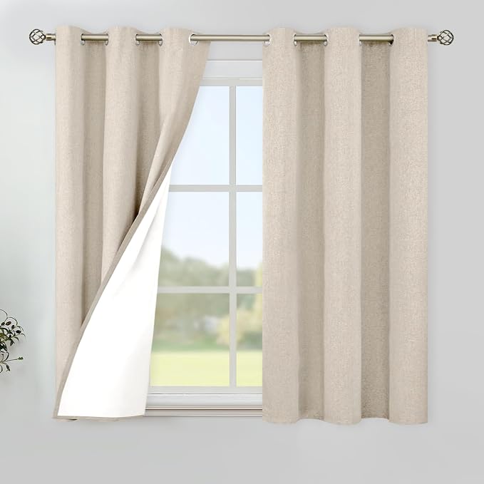 YoungsTex 45 Inch Length Oatmeal Linen Blackout Curtains, Short Thermal by YoungsTex