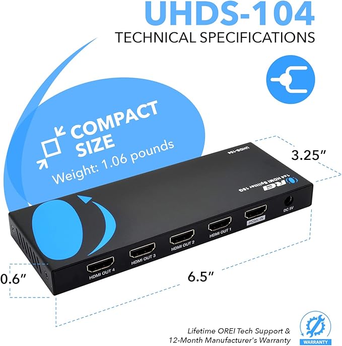 OREI HDMI Splitter 1 in 4 Out – 1x4 4K@60Hz HDMI 2.0 UHD Powered 4-Port HDMI Splitter with HDCP 2.2, EDID Management, 18Gbps Bandwidth – 4-Way Output for TV, Fire Stick, PS5, Blu-ray