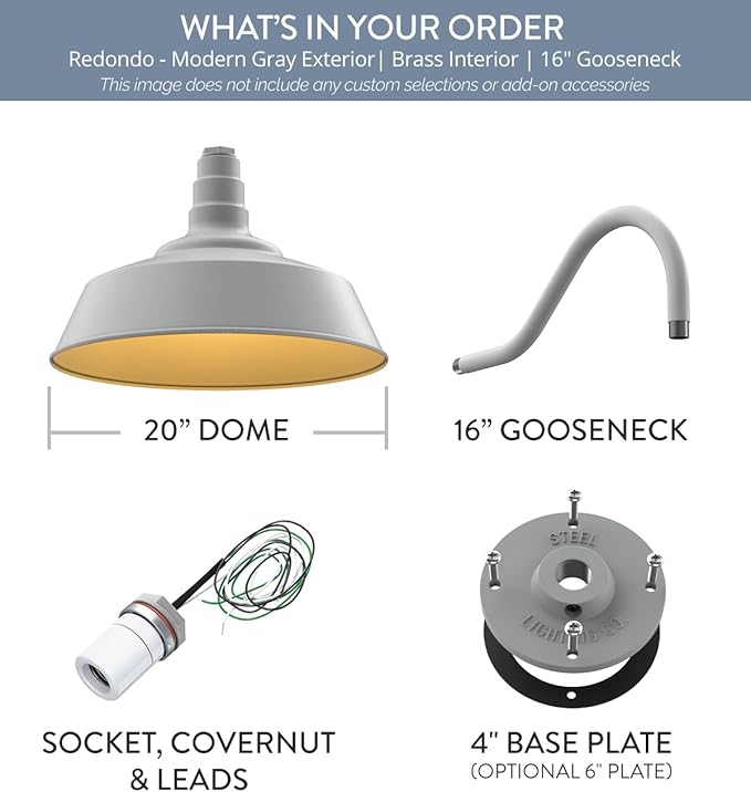 Steel Lighting Co. Large Outdoor Barn Light | Gooseneck Light Fixture | Made in America from 18-Gauge Steel | 20" Dome | 16" Gooseneck Modern Gray Exterior/Brass Interior