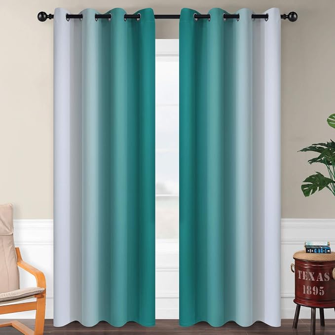 SimpleHome Ombre Teal to Grey White Curtains - Image 2