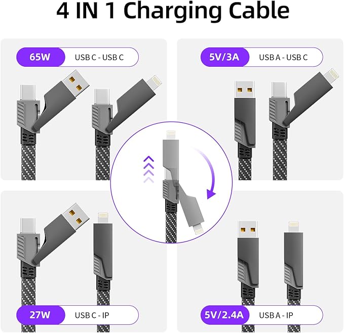 Firsting 4 in 1 Charging Cable 65W, USB C Cable Fast Charger Cord with E-Mark Chip, USB A/C to C/Lightning Cable, Multi iPhone Charger Cord for iPhone16/15/14/13 Series/Phones/Pads and Laptop