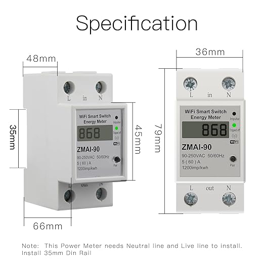 WiFi Smart Energy Monitor Switch Meter, Compatible with Alexa Google Home, Remote Control with Smart Life/Tuya App, Din Rail Tester Current Voltage Amperage Power Meter AC 110-230V 60A Multimeter