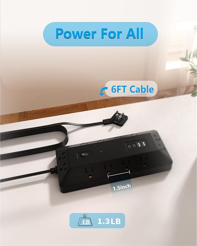 Inhwatek Surge Protector Power Strip with USB Ports (PD 20W), 6 Ft Extension Cord with Multiple Outlets, Flat Plug Outlet Extender for Home, Office, Dorm Room