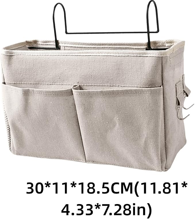 White Canvas Organizer Basket Wall Mount Storage Pouch Nightstand Hanging Bag - Image 2