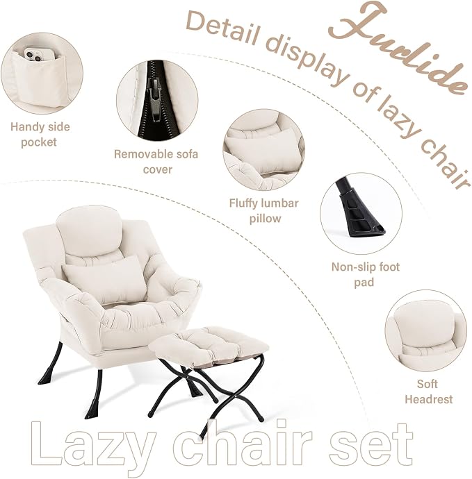 Furlide Lazy Chair with Ottoman, Comfy Fabric Accent Lounge Arm Chair with - Image 8
