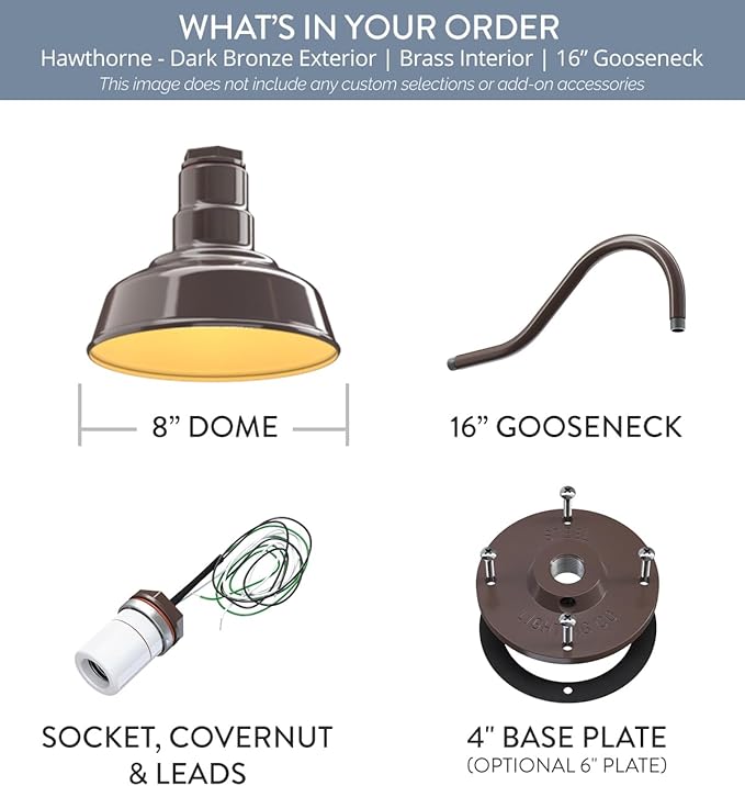 Steel Lighting Co. Hawthorne Barn Light | Outdoor Wall Mounted | 8 inch Dome | 16" Gooseneck | Small Farmhouse Light Made in America | Dark Bronze Exterior/Brass Interior