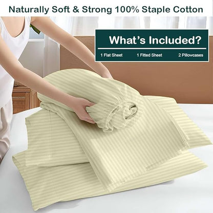 NON Sticky cotton Twin Size Sleeper Sofa Sheets, 4 Piece Egyptian Cotton Bed Sheet Set for Sofa Bed, 6" Deep Pocket Fitted Sheet for Pull Out Couch Mattress, 39" x 75", Ivory Stripe, Soft & Breathable