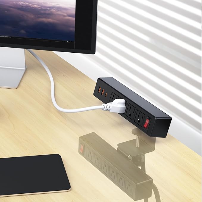 Dual Layer Desk Clamp Power Strip Surge Protector, Under Desk Power Strip with 10AC Outlets & 3 USB(20W USB-C), Desktop Edge Mount Charging Station, 15 Ft Extension Cord for Office Home (ETL Listed)