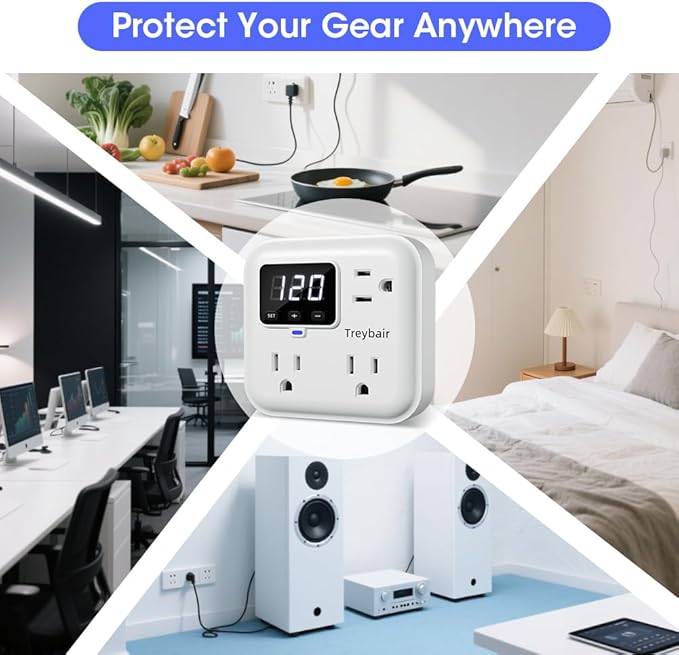 Surge Protector 3-Outlet Power Strip with Voltage Stabilizer, 80V-140V Power Surge Protectors for Refrigerator, TV, Computer | LED Display, Fireproof UL94V-1, Wall Mount,1800J,2 Pack