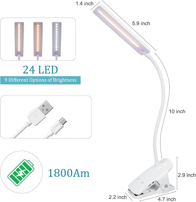 LED Reading Light with Clip USB Rechargeable Book Lights, Eye Protection 24 - Image 2
