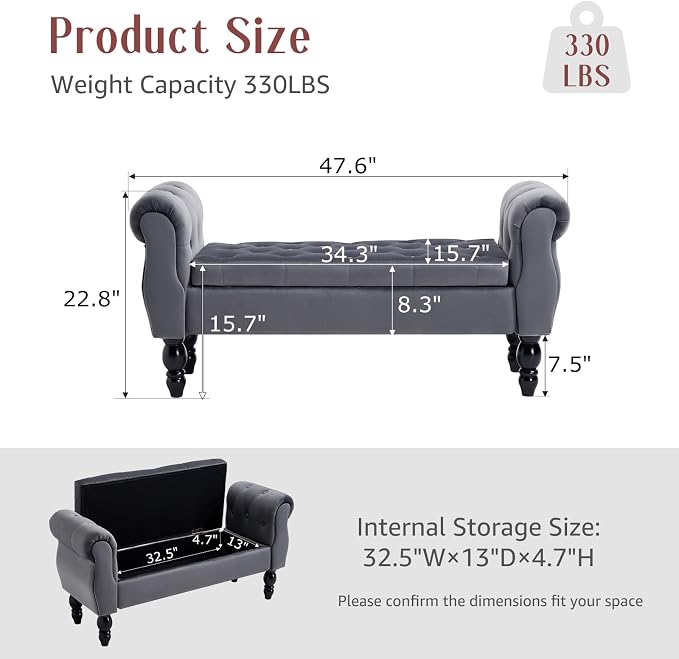 47.6" Storage Bench for End of Bed Bedroom, Velvet Ottoman Bench - Image 2