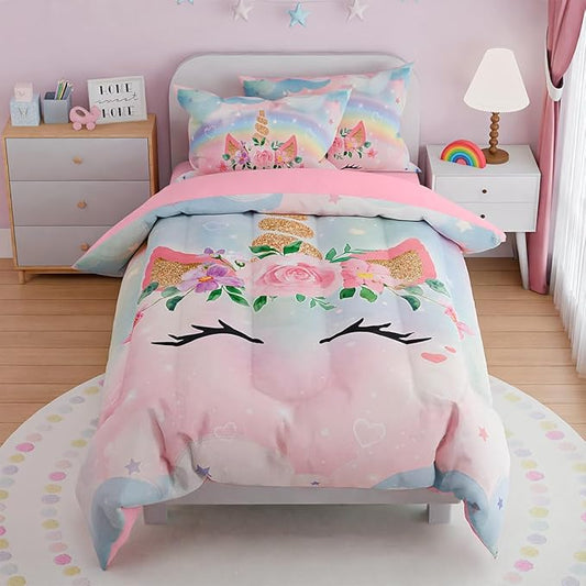 SANDJEST Unicorns Bedding Set for Girls Kids Teen Tween, Ultra Soft Microfiber Comforter Set Full Size with 4-Pieces, Comforters Bed Sets Bedroom Decor