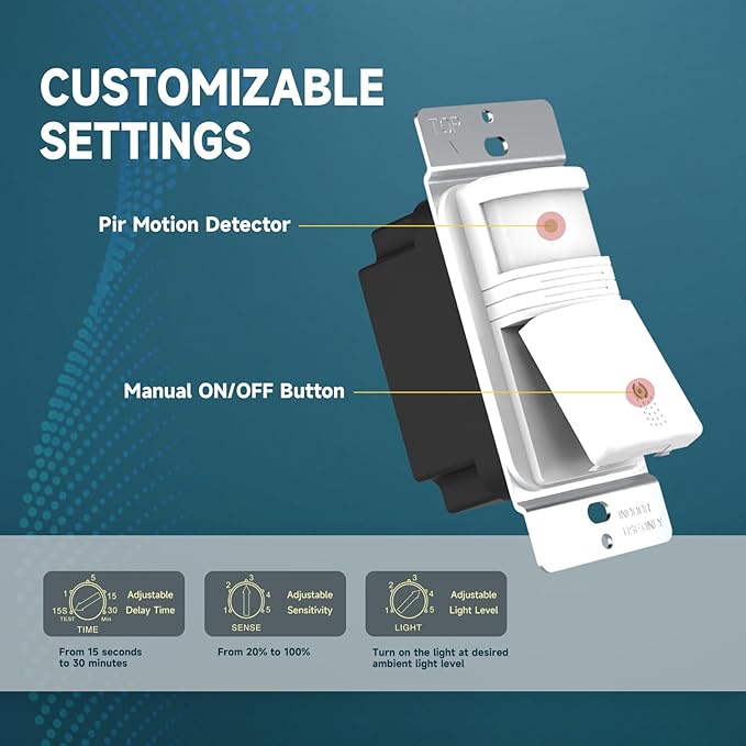 ECOELER 4Pack in-Wall PIR Motion Sensor Light Switch, Single Pole Motion Activated Switch, On/Off Override, Neutral Wire Required, Vac & OCC Mode Available, Title 24, UL Certified