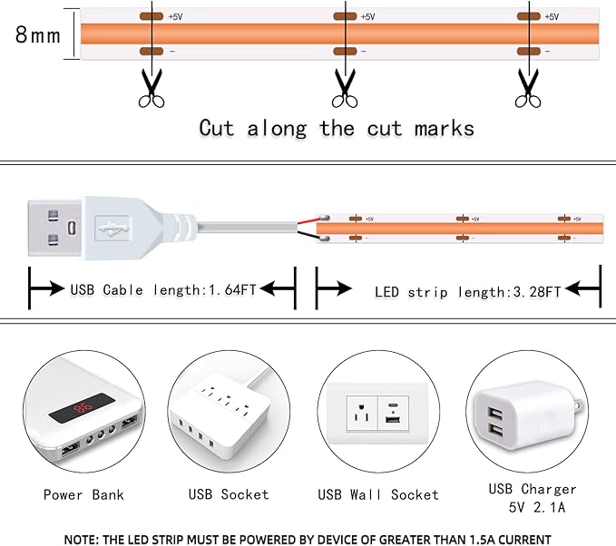 UVTaoYuan Short Led Strip Lights Pink 5V USB LED Lighting COB LED Strip Pink Flexible LED Tape Light Not Dimmable Small led, for Display Cabinet, Home DIY Lighting Room Decor TV Lights (3.28FT/1M)