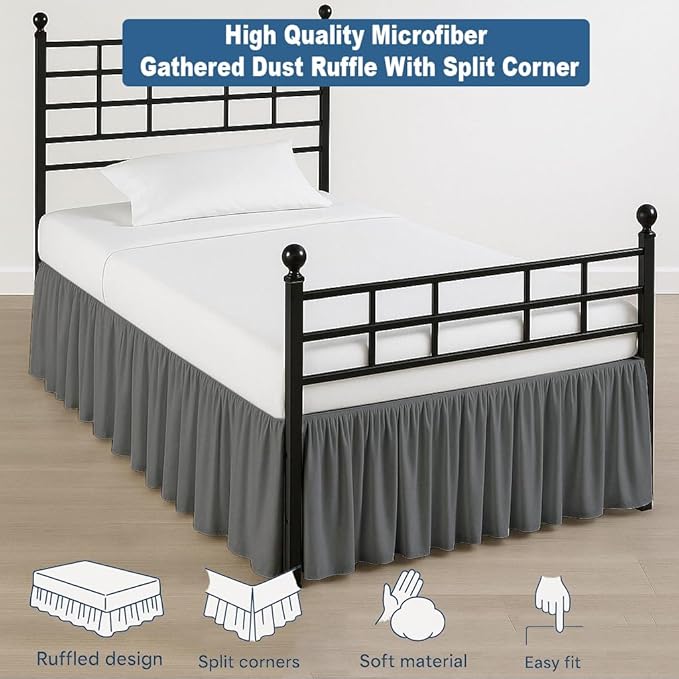 Ruffled Bed Skirt Split Corners with Platform, Tailored Fit Hotel Quality Wrinkle Free Ultra-Soft Microfiber Dust Ruffle, Upto 21 Inch Drop, Full XL, Dark Grey