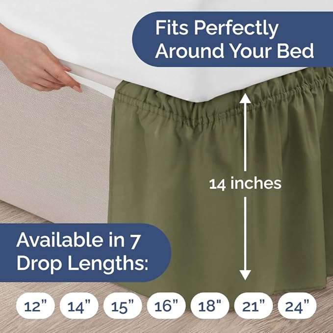 Wrap Around Dust Ruffle Bed Skirt - Sage Green - for King Size Beds w/ 14 Inch Drop - Easy Fit Elastic Strap - Adjustable Pleated Bedskirt with Brushed Fabric, Wrinkle Free Women, Men, Kids and Teens