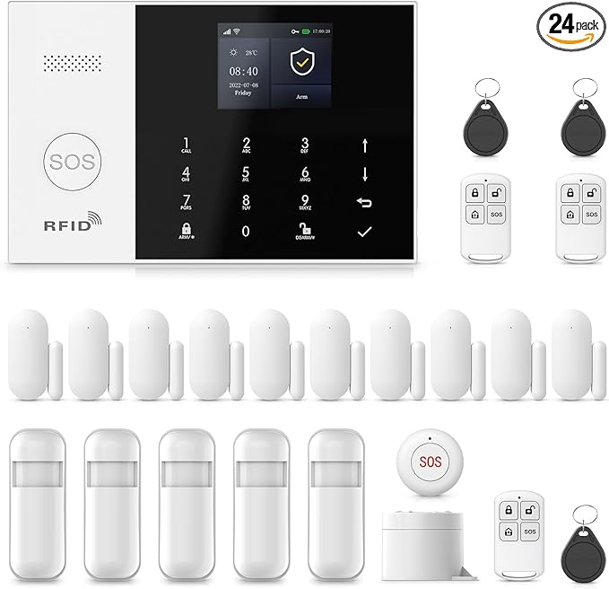 Alarm System for Home Security,24Pcs WiFi+GSM/4G No Monthly Fee Wireless Security System, Phone App Control,Real-Time Alert,Auto Alarm Dial,Compatible with Alexa & Google,No Monthly Fee