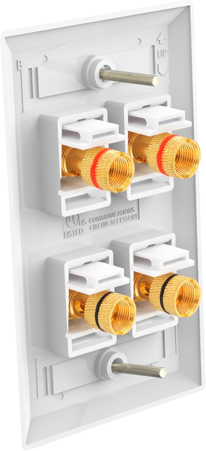 VCE UL-Listed Speaker Wall Plate Gold-Plated, 4-Port Keystone Wall Plate with Banana Jack Binding Post Keystone Jack Insert, 2 Pack