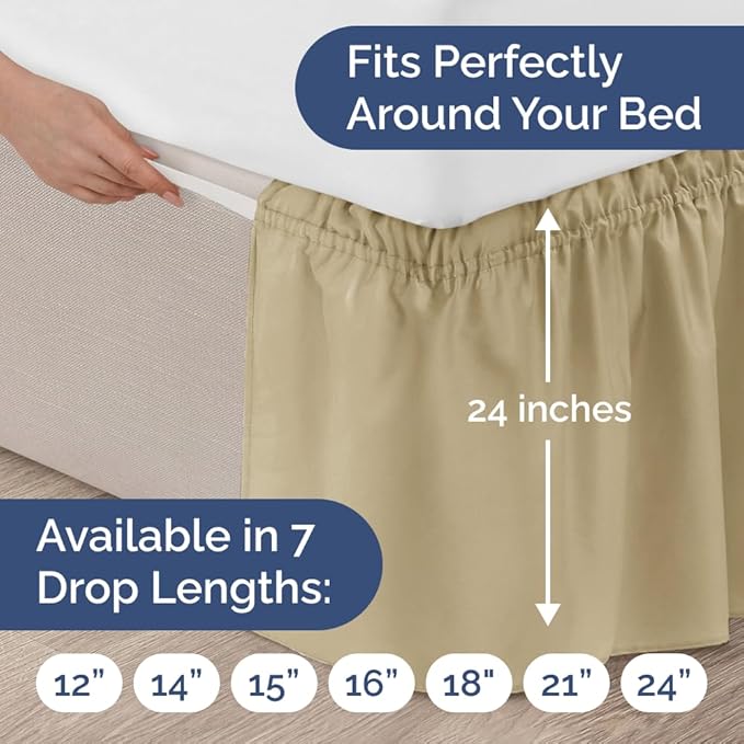 Wrap Around Dust Ruffle Bed Skirt - Beige - Twin/Twin XL Size Beds with 24 Inch Drop - Easy Fit Elastic Strap - Adjustable Pleated Bedskirt w/Brushed Fabric - Wrinkle Free - Women, Men, Kids & Teens