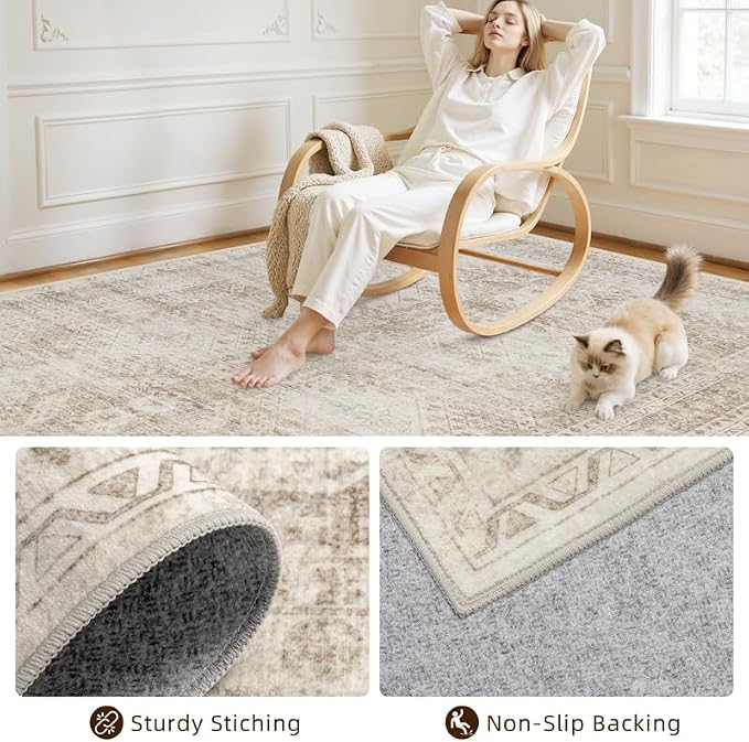 5x7 Area Rugs Living Room: Bedroom Neutral Washable Carpet Brown | Vintage Boho - Image 4