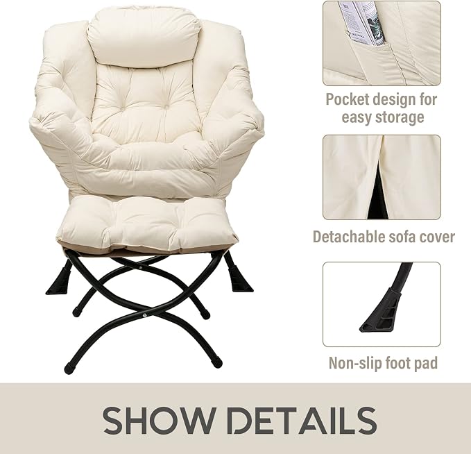 Lazy Chair with Ottoman, Comfy Accent Reading Chair, Velvet Beige | Foldable - Image 5