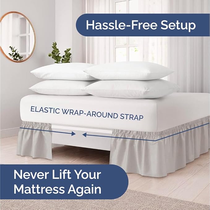 Wrap Around Dust Ruffle Bed Skirt - Light Grey - for King Size Beds with 18 Inch Drop - Elastic Strap - Adjustable Pleated Bedskirt with Brushed Fabric and Wrinkle Free - for Women, Men, Kids & Teens