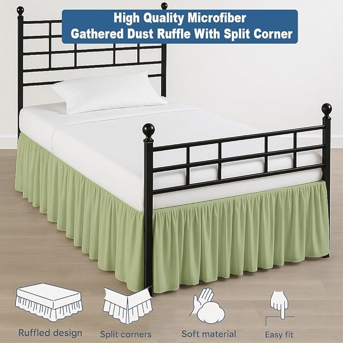 Ruffled Bed Skirt Split Corners with Platform, Tailored Fit Hotel Quality Wrinkle Free Ultra-Soft Microfiber Dust Ruffle, Upto 18 Inch Drop, Queen, Sage