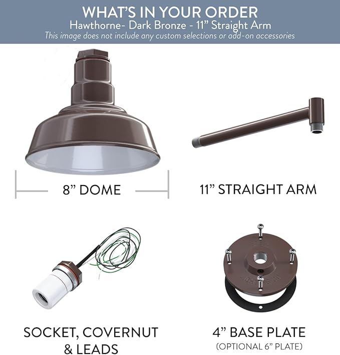 Steel Lighting Co. Hawthorne Barn Light | Outdoor Wall Mounted | 8 inch Dome | 11 inch Straight Arm| Small Farmhouse Light Made in America | Dark Bronze Exterior/White Interior