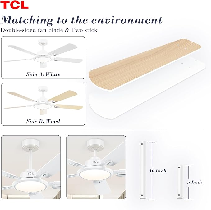 TCL Ceiling Fans with Lights, 52 Inch Ceiling Fan with Light and Remote Control, Reversible DC Motor, Noiseless, Dimmable 36W LED, Modern Ceiling Fan for Bedroom Living Room (White)